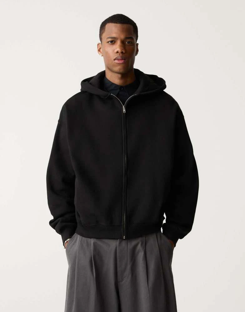 Pull&Bear Pull&Bear zip through boxy fit hoodie in black 1