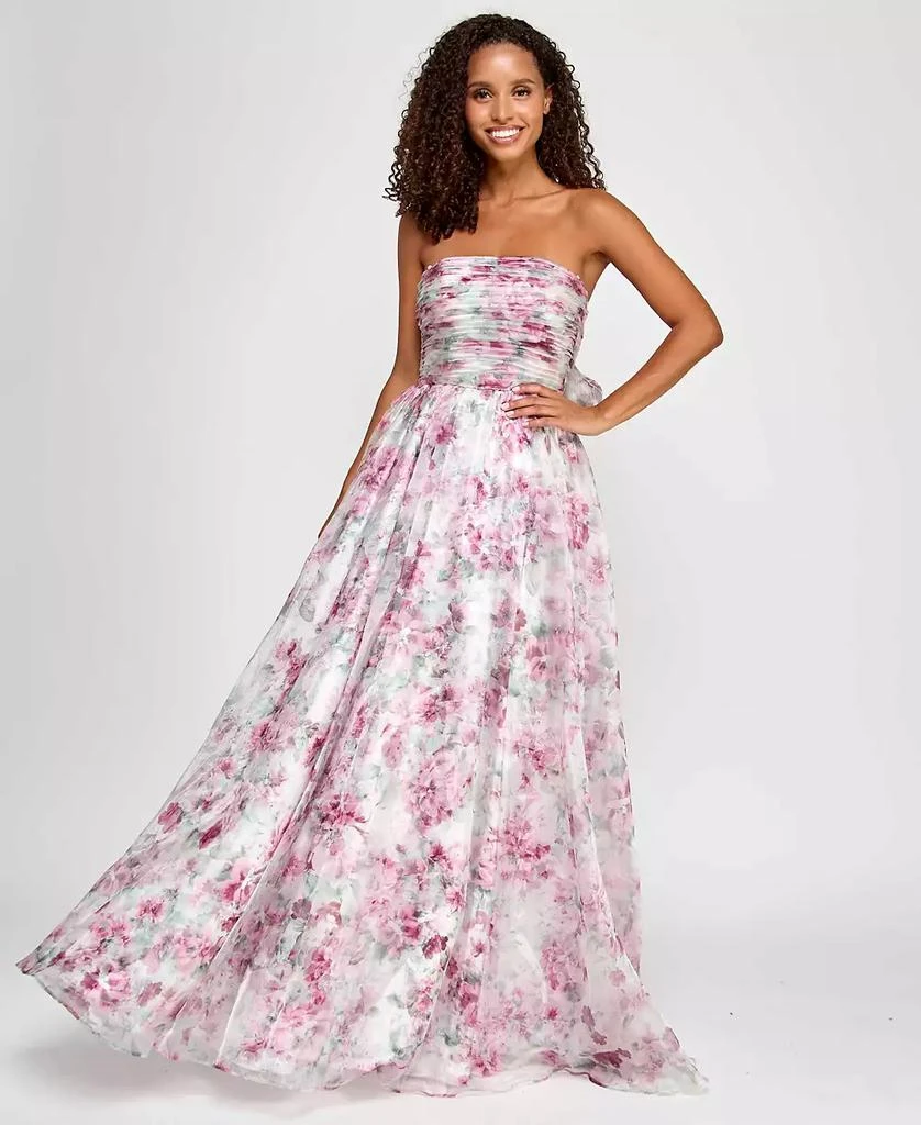Juniors' Pleated Strapless Floral-Print Gown, Created for Macy's