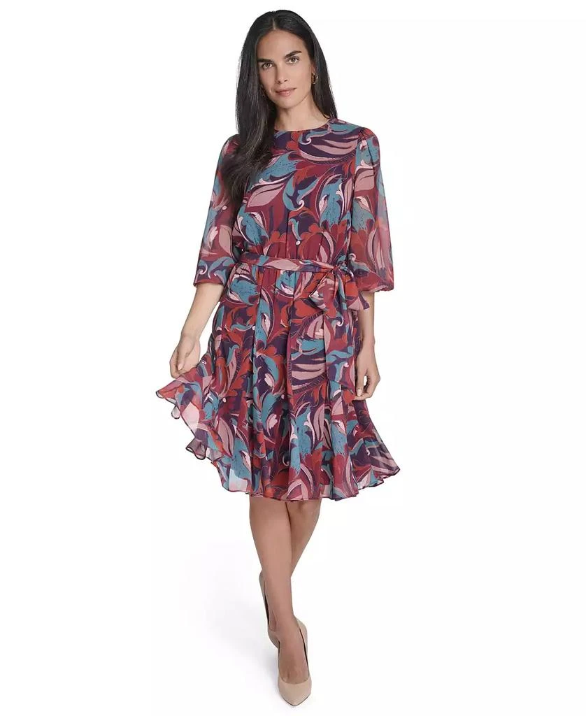Petite Printed Fit and Flare Chiffon Dress Plum Combo 14P - Main Image