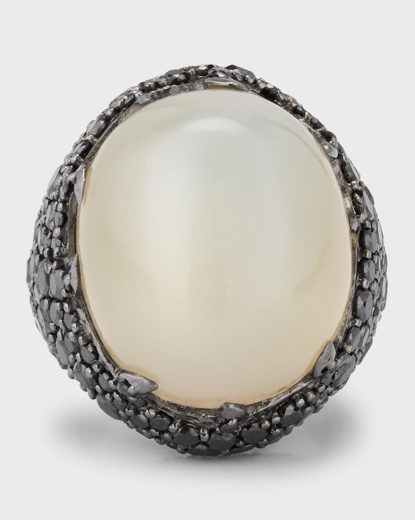 Piranesi 18K Black Gold Cabochon White Moonstone and Black Diamond Ring, Size 7