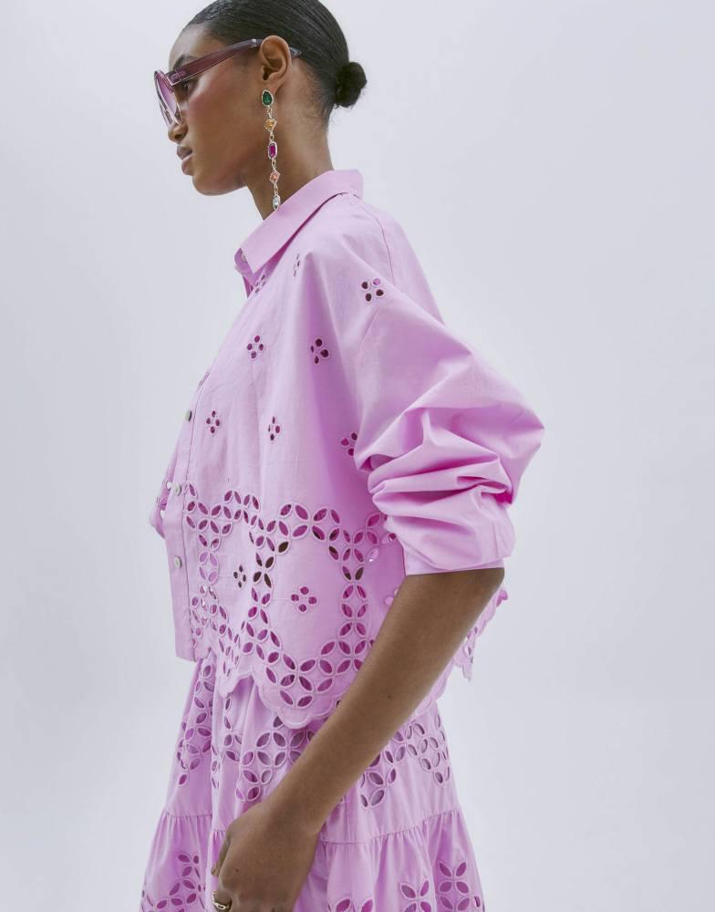 River Island River Island Long sleeve cropped broderie shirt in pink - medium