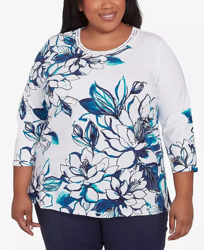 Alfred Dunner Plus Size Nantucket Fineline Floral Three Quarter Sleeve Top 1