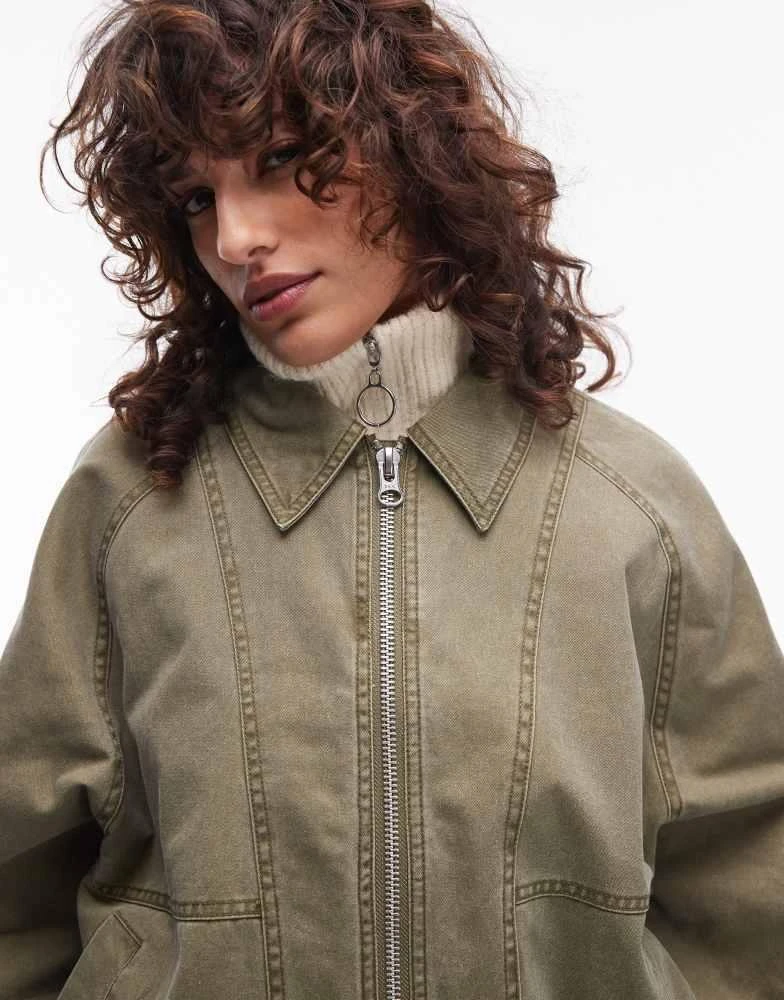 Topshop Topshop acid washed bomber jacket in khaki 2
