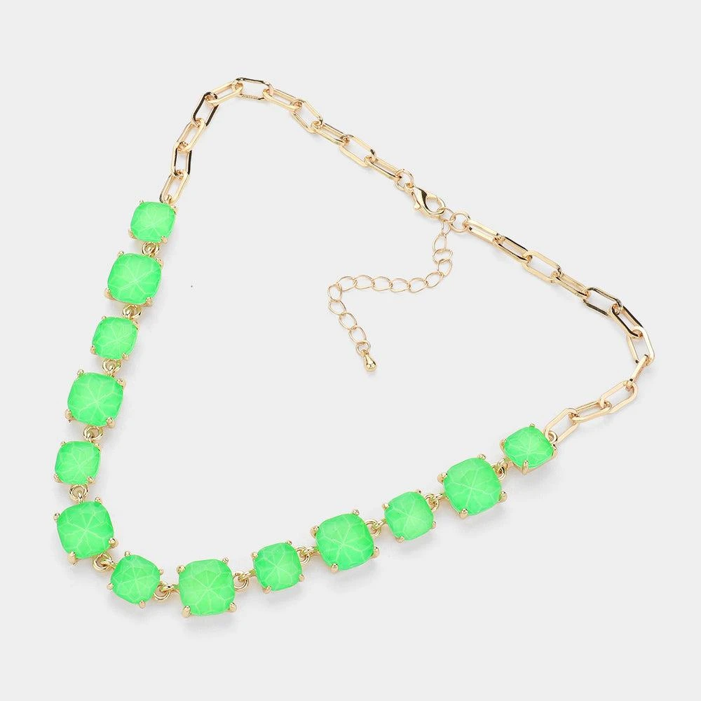 FASHNZFAB Cushion Square Stone Link Evening Necklace 2