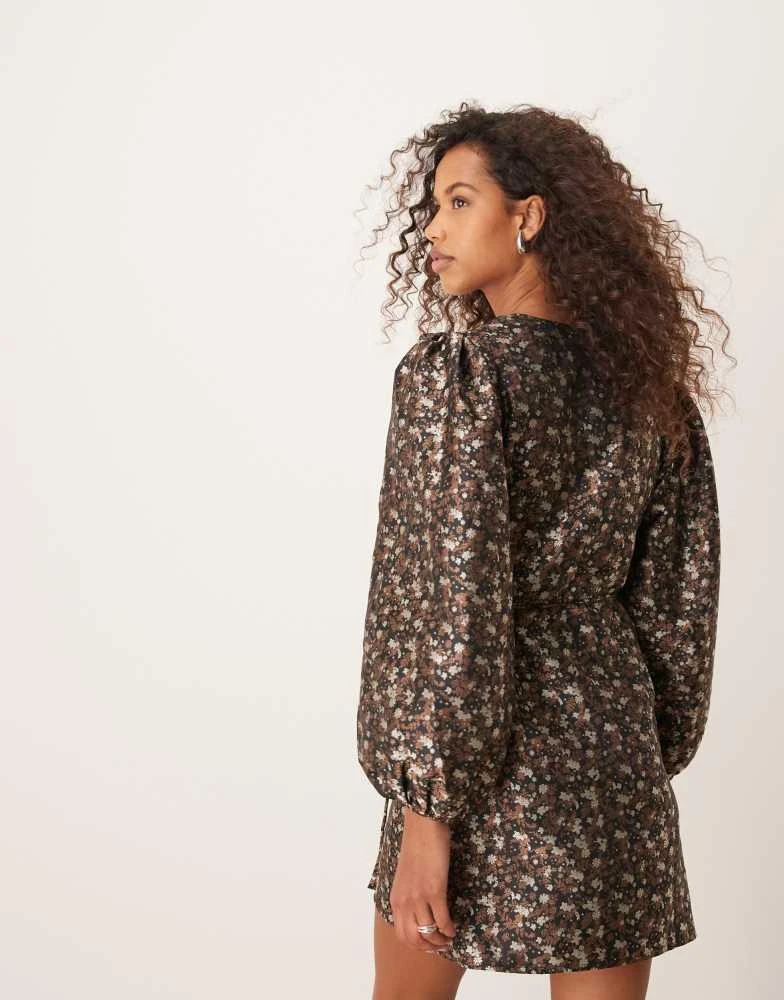 Glamorous Glamorous v neck balloon sleeve mini dress with front wrap in 70's black floral 4