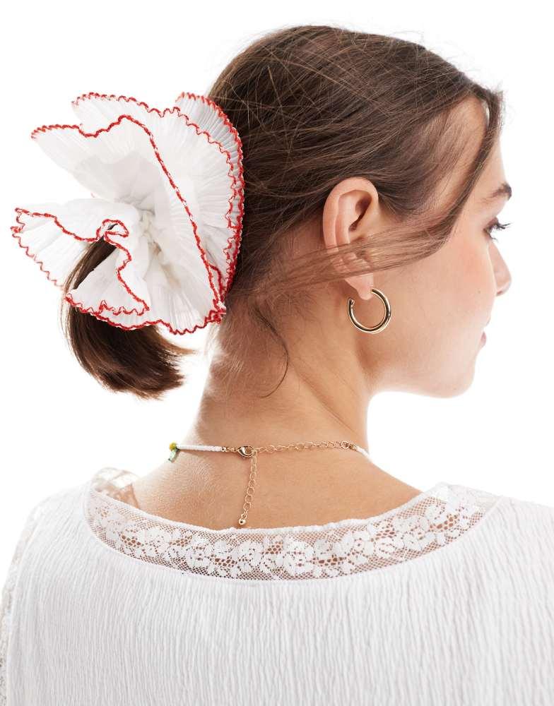 ASOS ASOS DESIGN scrunchie with plisse detail in white with red edges