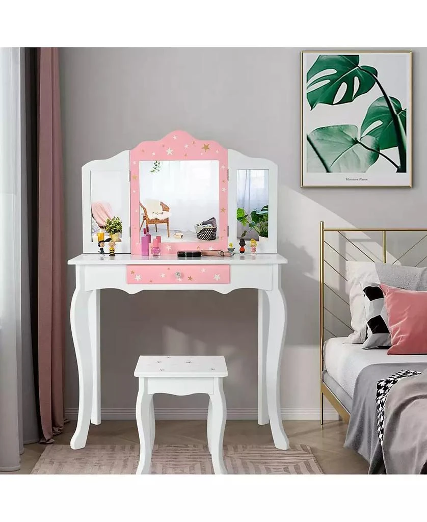 GOUUN Kids Princess Vanity Table and Stool Set with Tri-folding Mirror and Drawer 9