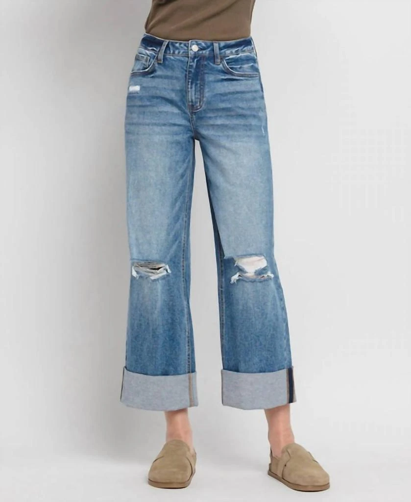 LOVERVET Rosy Super High Rise Double Cuffed Baggy Wide Jeans In Medium Wash 1