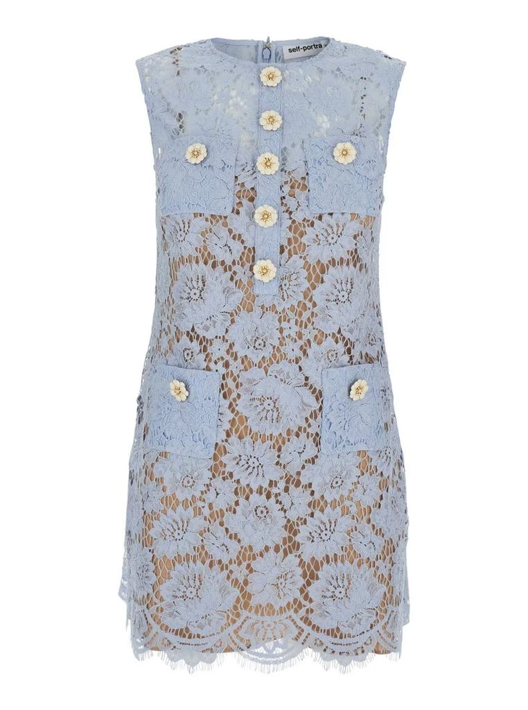 Self Portrait Blue Crewneck Mini Dress With All-Over Lace Embroidery And Scallop Hem In Cotton Blend Woman 1