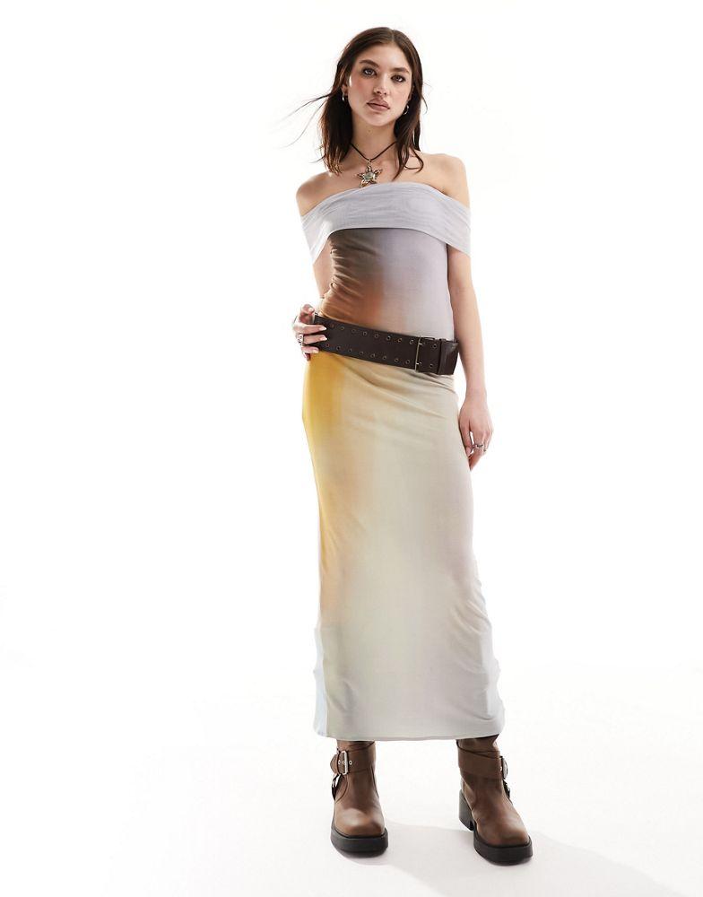 Heretic Nine Heretic Nine mesh mirage off shoulder maxi fitted dress