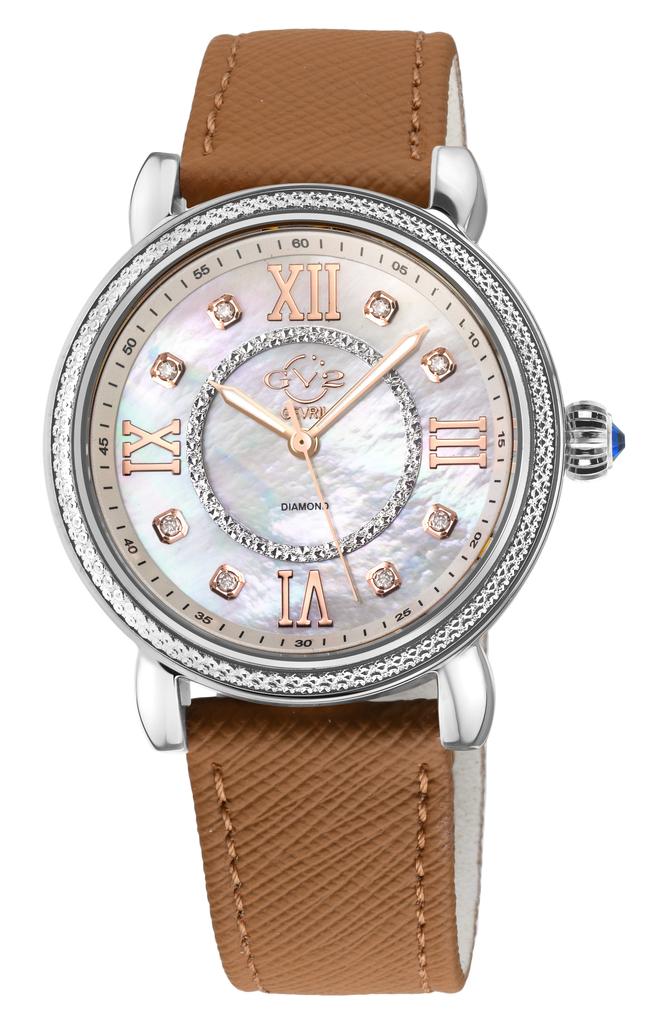 GV2 Marsala Mother of Pearl Dial Diamond Faux Leather Strap Watch, 37mm - 0.096ct.