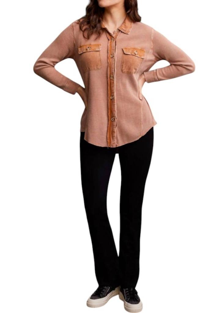 Tribal Waffle Button Down Shacket In Almond