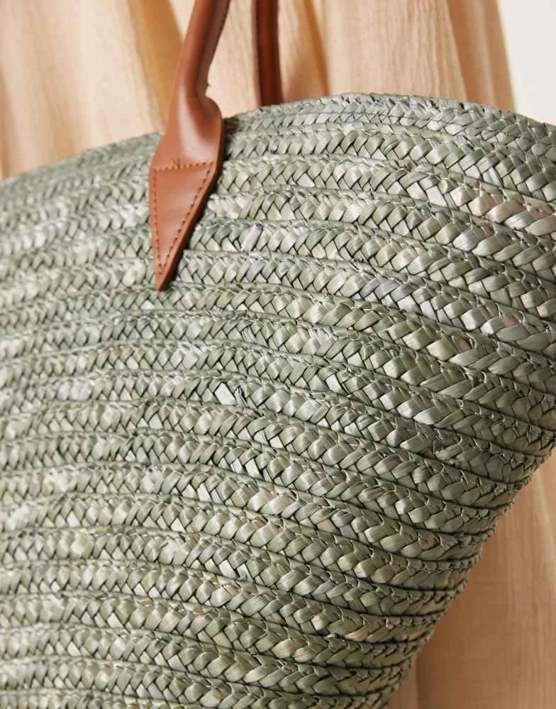 My Accessories My Accessories large straw tote bag with contrast strap in olive  green 4