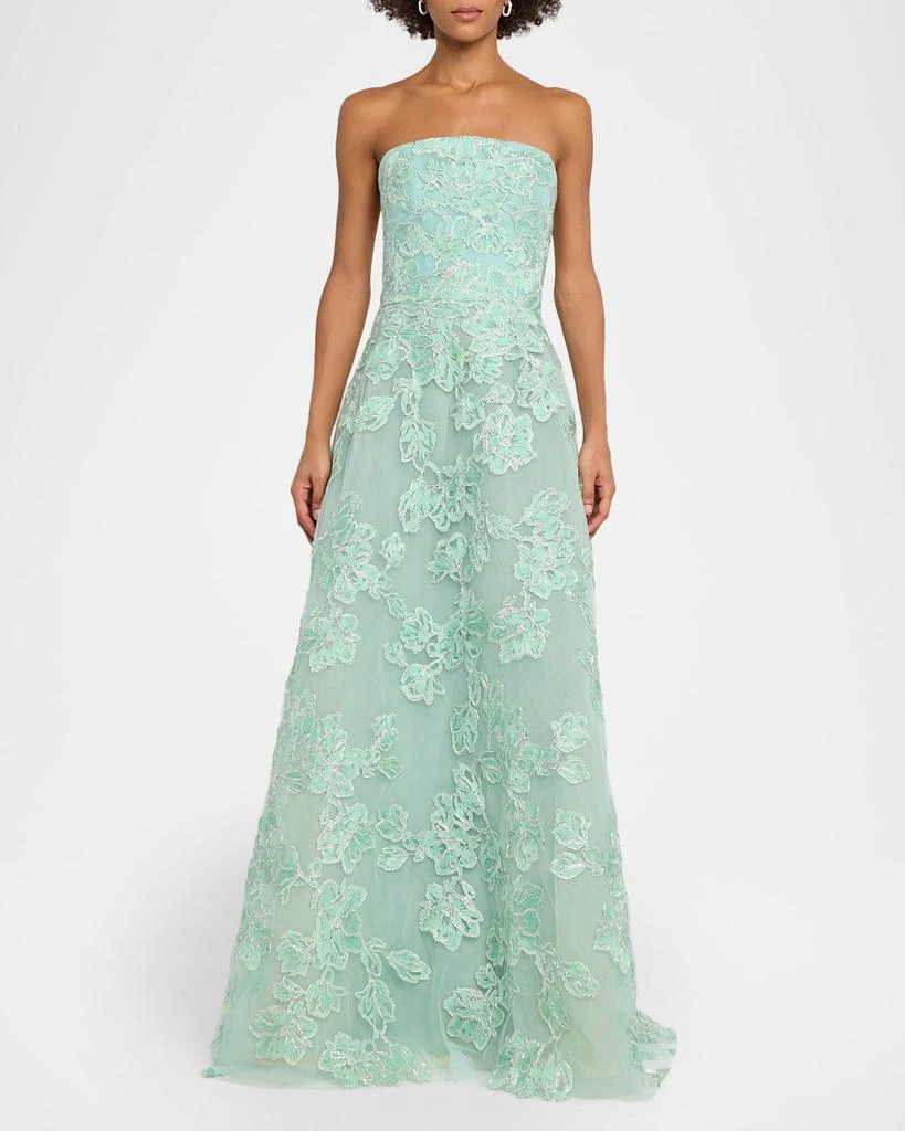 REEM ACRA Floral Metallic Raffia Embroidered Tulle Strapless Gown 2