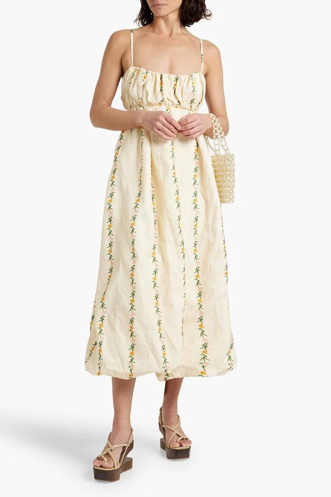 Agua by Agua Bendita Limonaria Ranas gathered floral-print linen midi dress 2