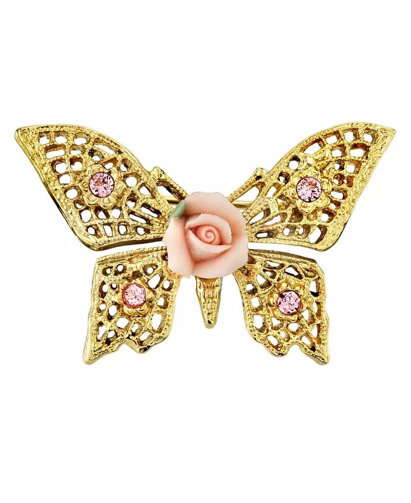 2028 Gold-Tone Pink Crystal and Porcelain Rose Butterfly Brooch 1