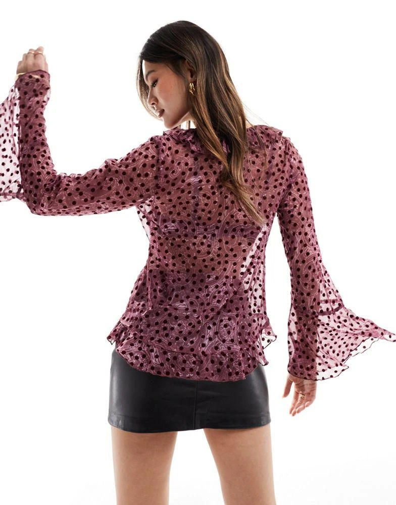 River Island River Island corsage detail frill blouse in dark purple 4