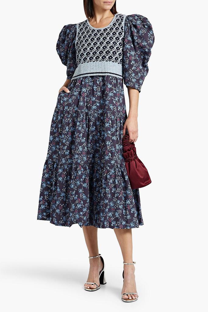 Sea Tilly tiered floral-print cotton and intarsia-knit midi dress