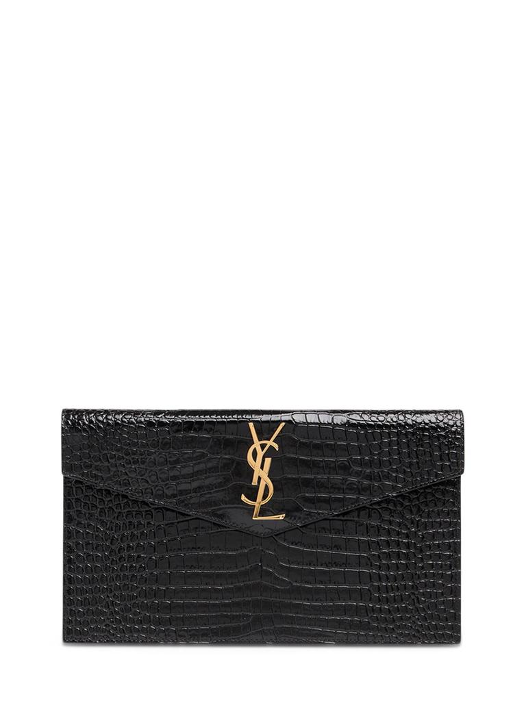 SAINT LAURENT Croc Embossed Leather Pouch