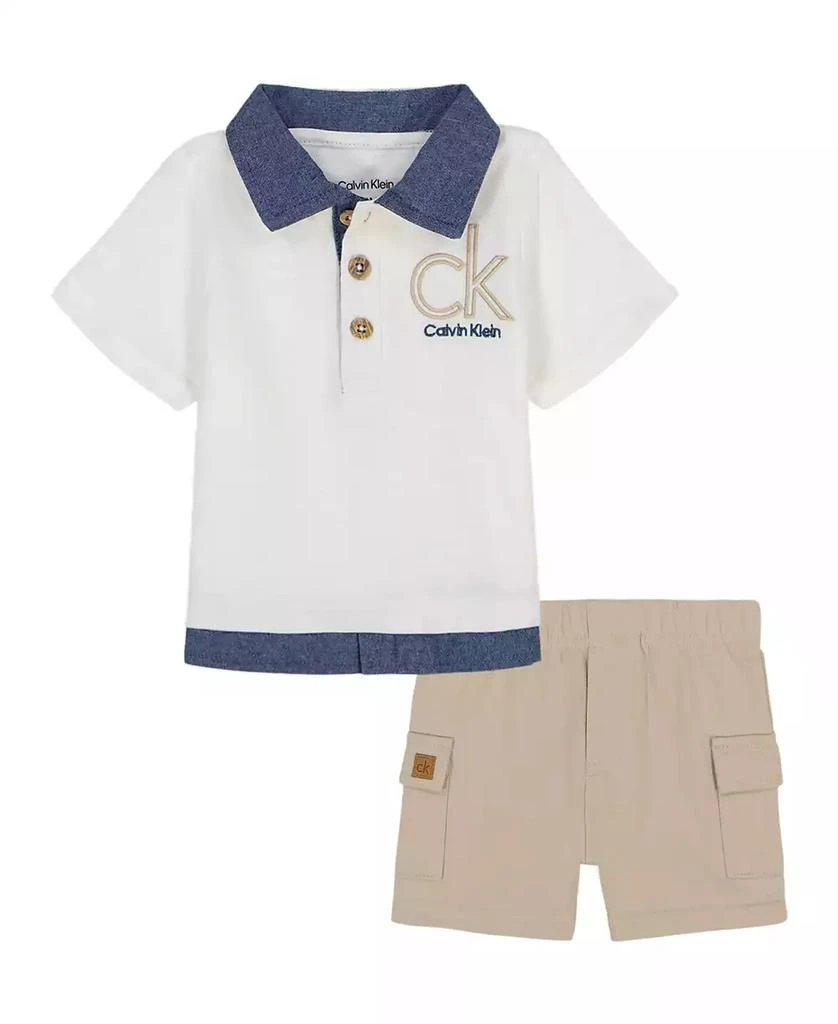 Calvin Klein Baby Boys 2-Piece Chambray Trim Jersey Polo French Terry and Cargo Shorts Set 1