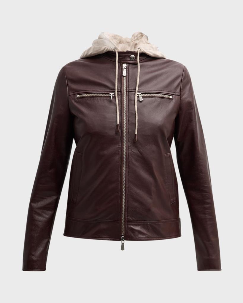 Eleventy Hooded Zip-Front Leather Biker Jacket