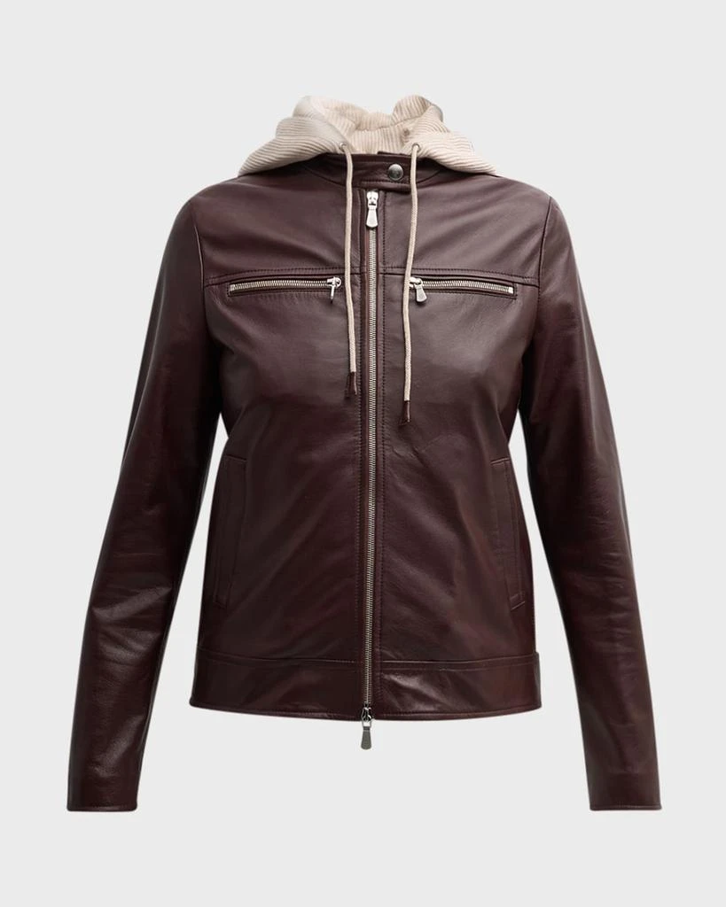 Eleventy Hooded Zip-Front Leather Biker Jacket 2