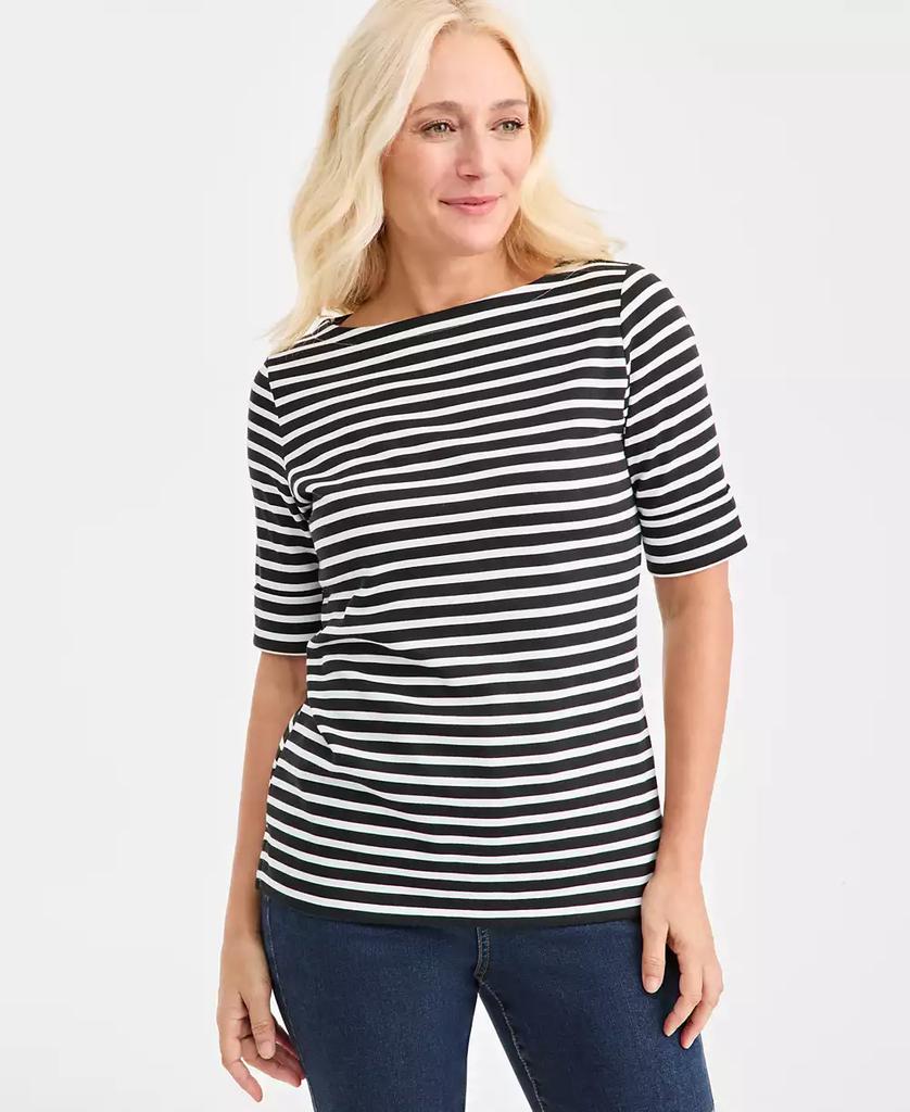 Style & Co Petite Elbow-Sleeve Washed Stripe Knit Top