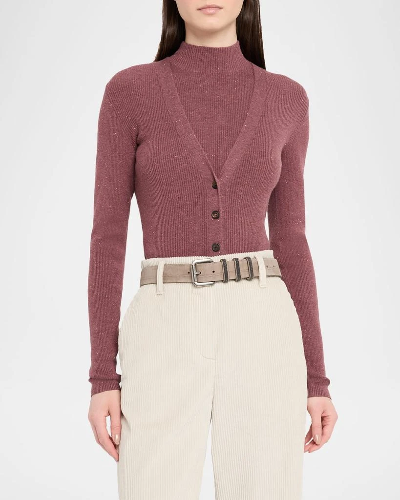 Brunello Cucinelli Metallic Cashmere Rib Knit V-Neck Cardigan 4