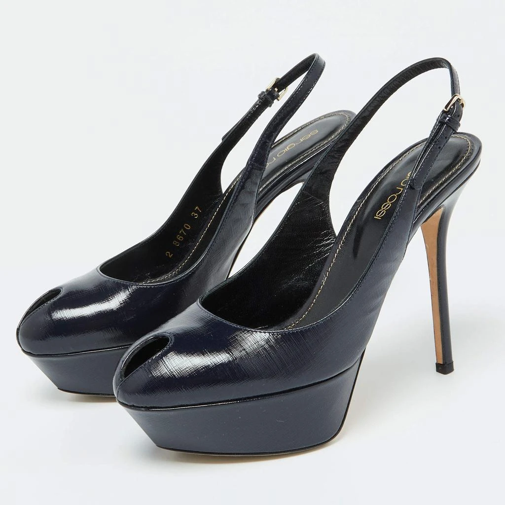 Sergio Rossi Sergio Rossi Blue Patent Leather Peep Toe Slingback Pumps Size 37 2