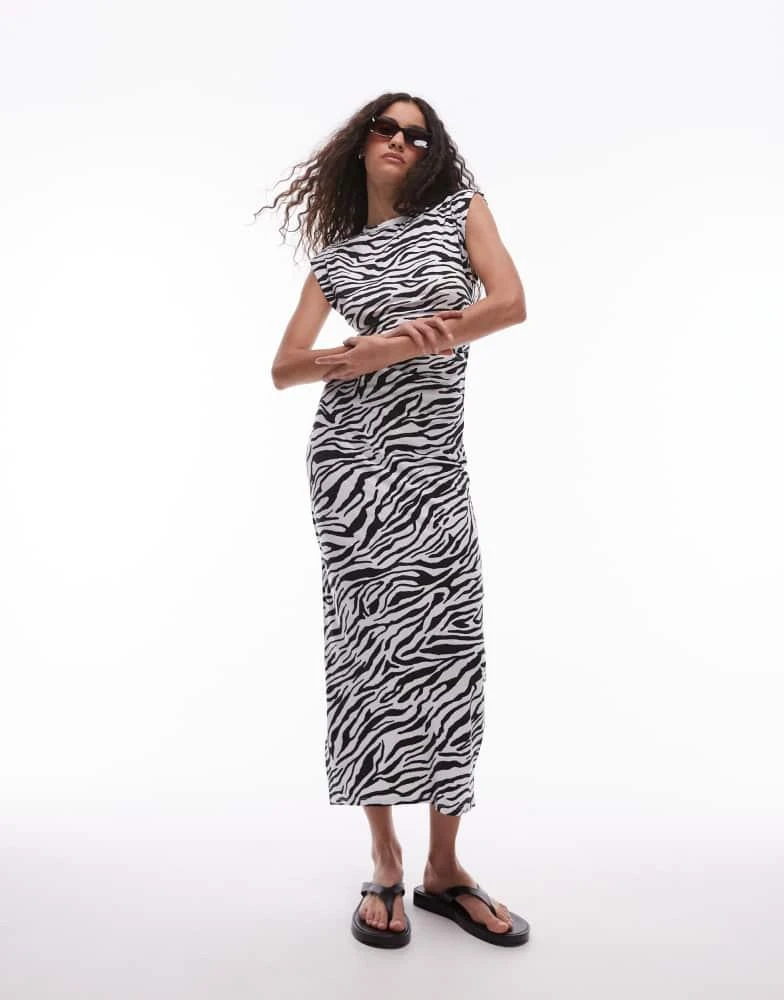 Mango Mango zebra cap sleeve midi dress in white 1