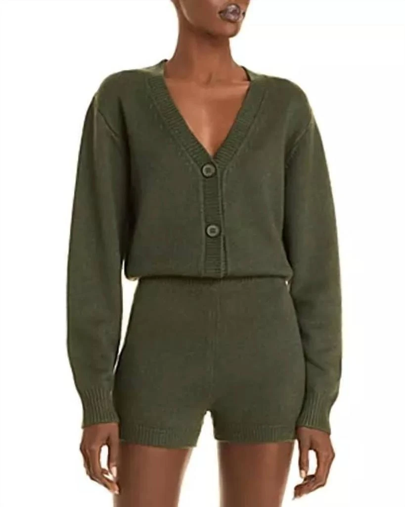 AQUA Romper Green Long Sleeve Knit Button Up V-Neck In Olive 1