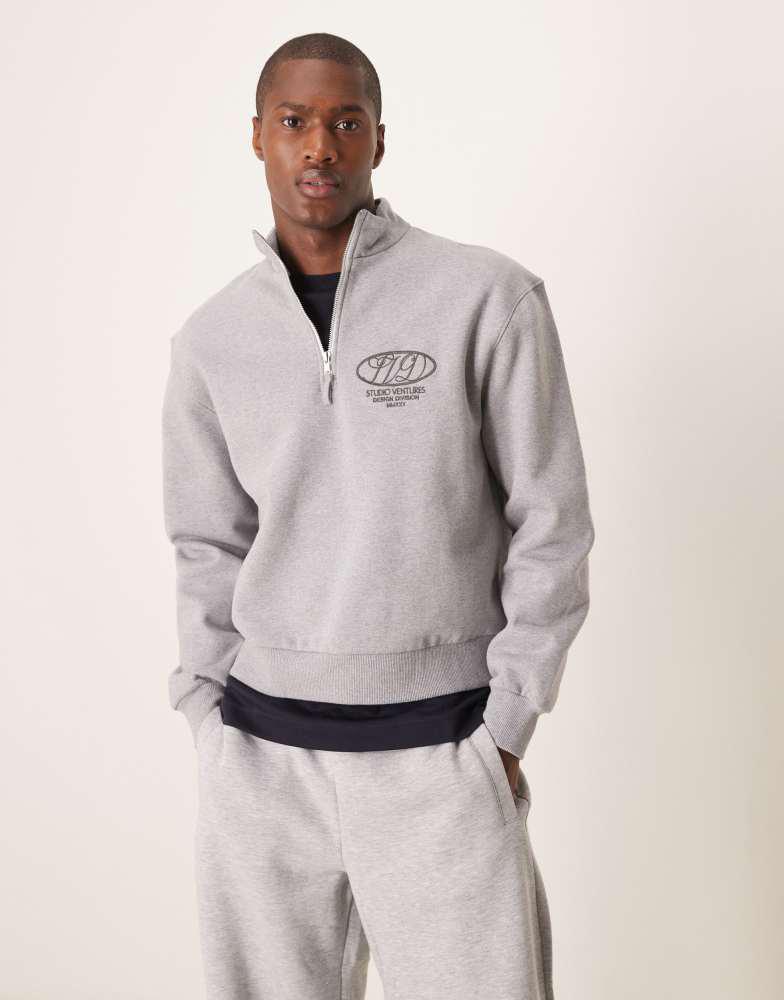 ASOS ASOS DESIGN premium heavyweight boxy oversized quarter zip sweatshirt 400gsm with tonal print in grey marl