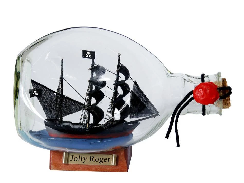 Handcrafted Cast Iron Captain Hook's Jolly Roger from Peter Pan Pirate Ship in a Glass Bottle 7" 1