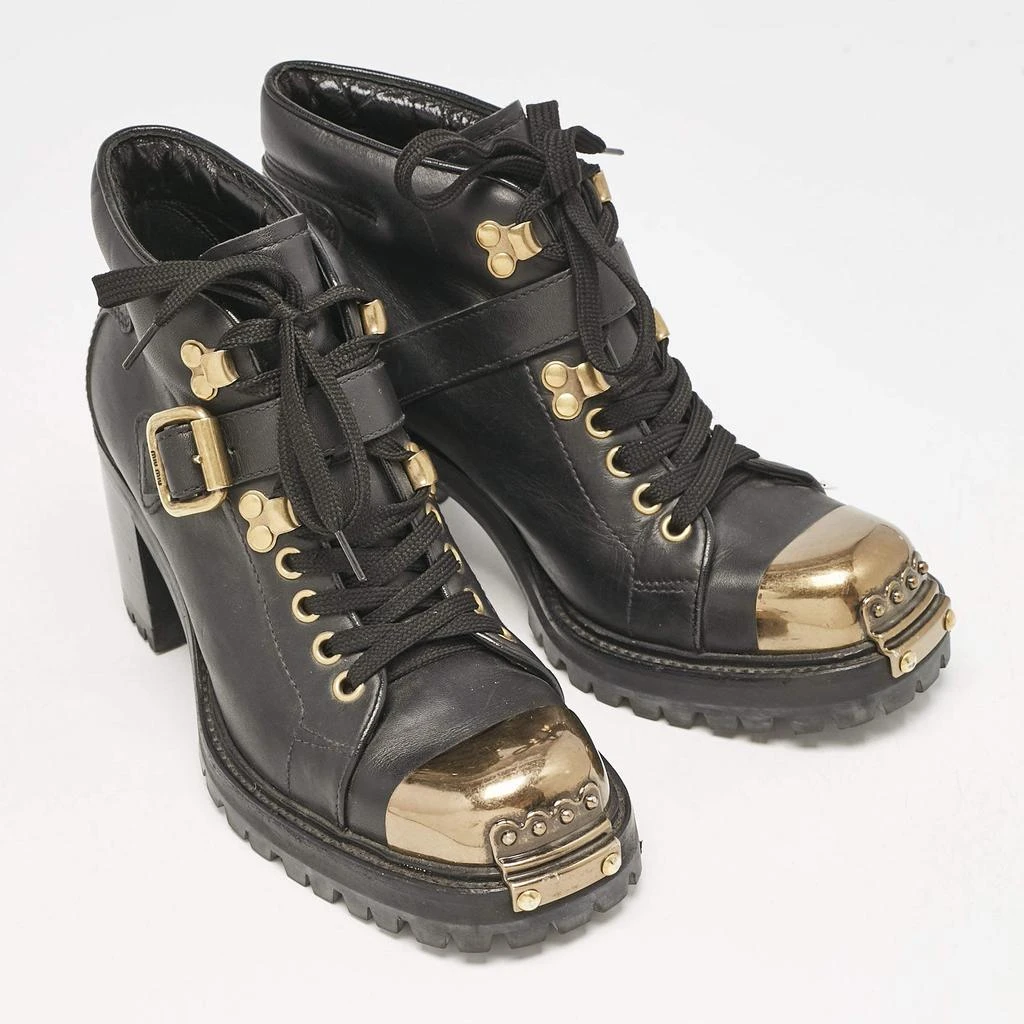 Miu Miu Miu Miu Black lLather Block Heel Ankle Combat Boots Size 36 4