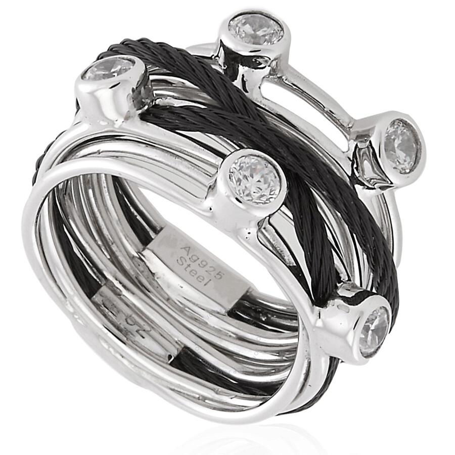 Charriol Tango White CZ Stones Steel Black PVD Cable Ring