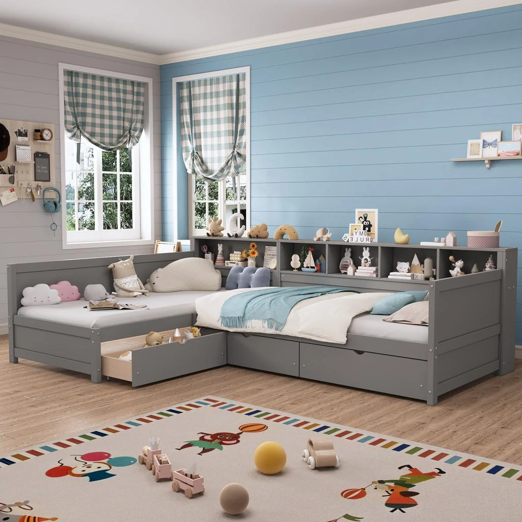 Streamdale Furniture Streamdale Twin L-Shape Day Bed with Storage Drawers 
Bookshelf - Gray