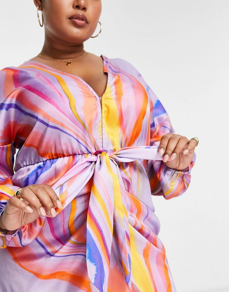 ASOS ASOS DESIGN Curve plunge tie front mini dress in purple marble print 4