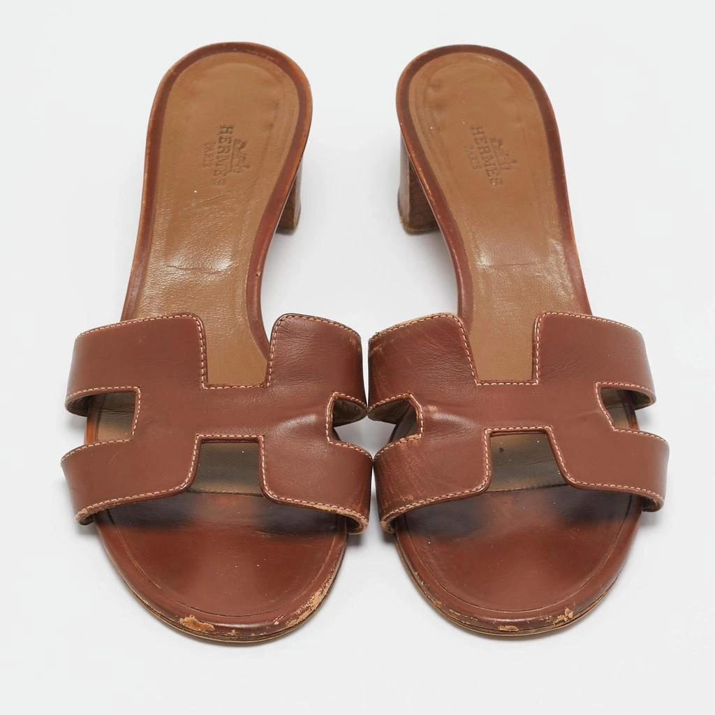 Hermes Hermes Brown Leather Oasis Block Heel Slide Sandals Size 41 3