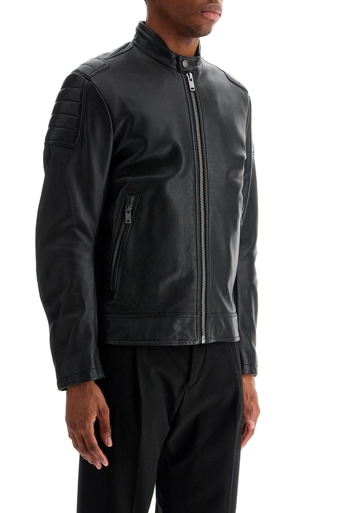 Hugo Boss black leather jacket with high collar and quilted details