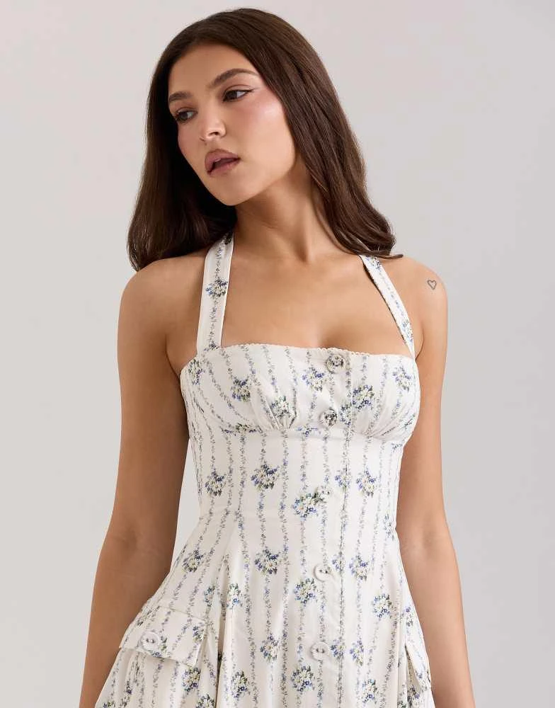 House of CB House of CB Claudia stretch cotton halter neck midi dress in cream daisy print 2