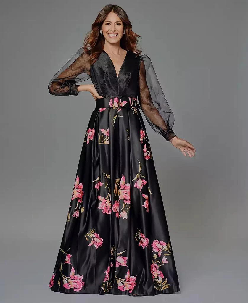 Betsy & Adam Women's Organza-Sleeve Floral Belted Gown 3