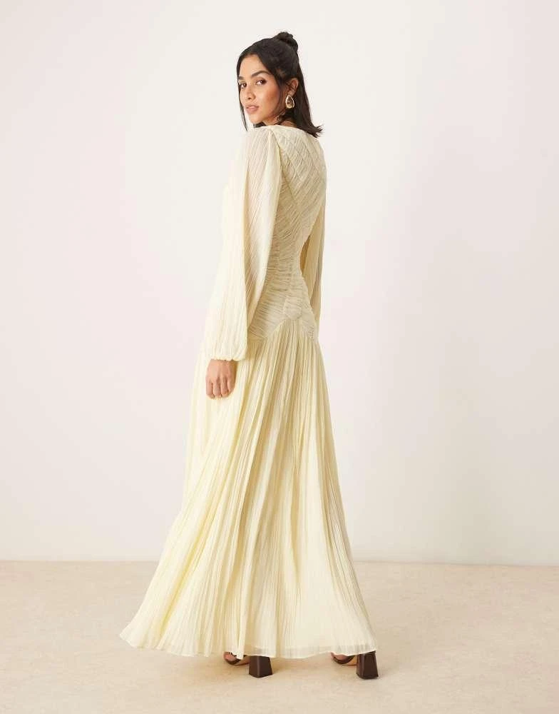 ASOS ASOS DESIGN long sleeve shirred crinkle maxi dress with dropped waist in lemon yellow 2