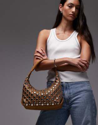 Topshop Topshop Samantha studded shoulder bag in tan
