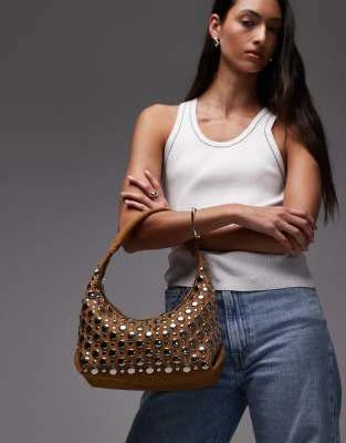 Topshop Topshop Samantha studded shoulder bag in tan 1