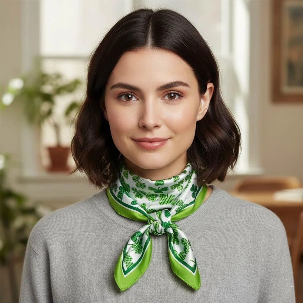 TRUEDAMES Shamrock Pattern Printed Square Silky Satin Bandana Scarf