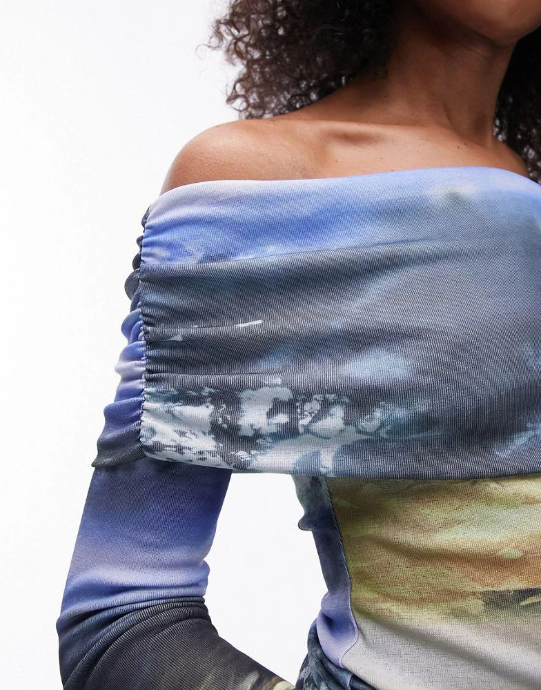 Topshop Topshop abstract floral landscape long sleeve bardot in blue 3
