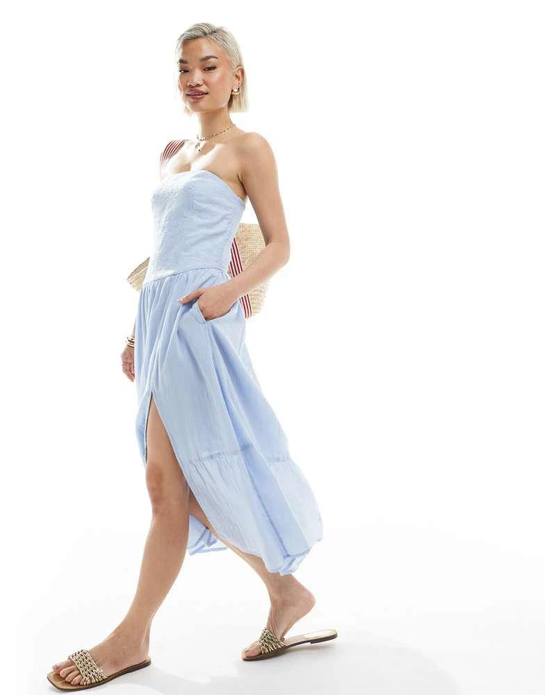 Shop Hollister strapless drop waist textured midi dress with a slit in light  blue on Sale at BeyondStyle  Get 31% Off Hollister strapless drop waist  textured midi dress with a slit