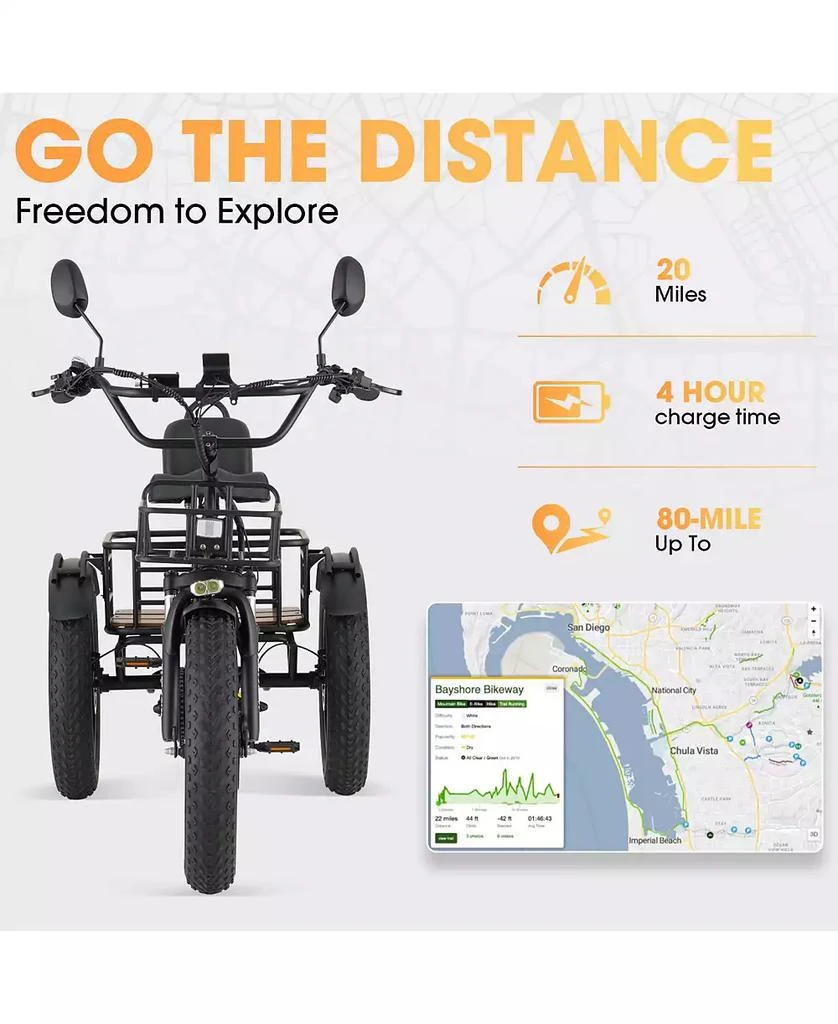 Mikolo Electric Tricycle for Adults, 20"x4" Folding Fat Tire Electric Trike, 750W(Peak 1350W) Motor Etrike, 48V13Ah Battery, 3-Wheel Electric Bike 5