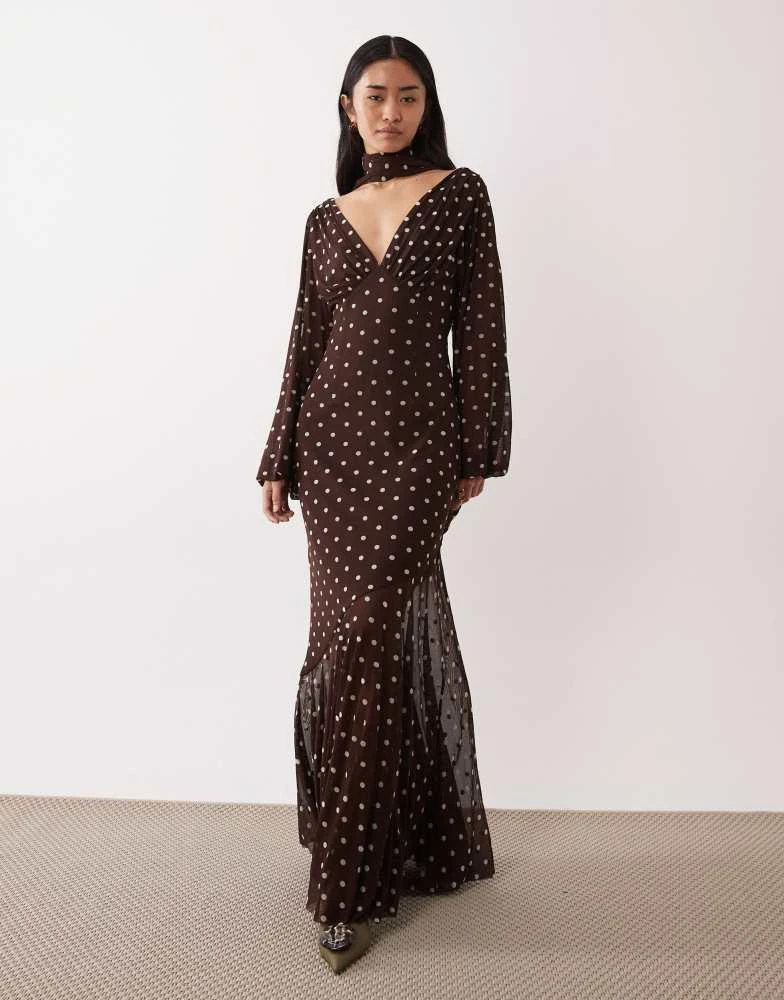 Pretty Lavish Pretty Lavish mesh scarf v neck maxi dress in brown polka dot  - Dresses & Skirts - Free Shipping - BeyondStyle