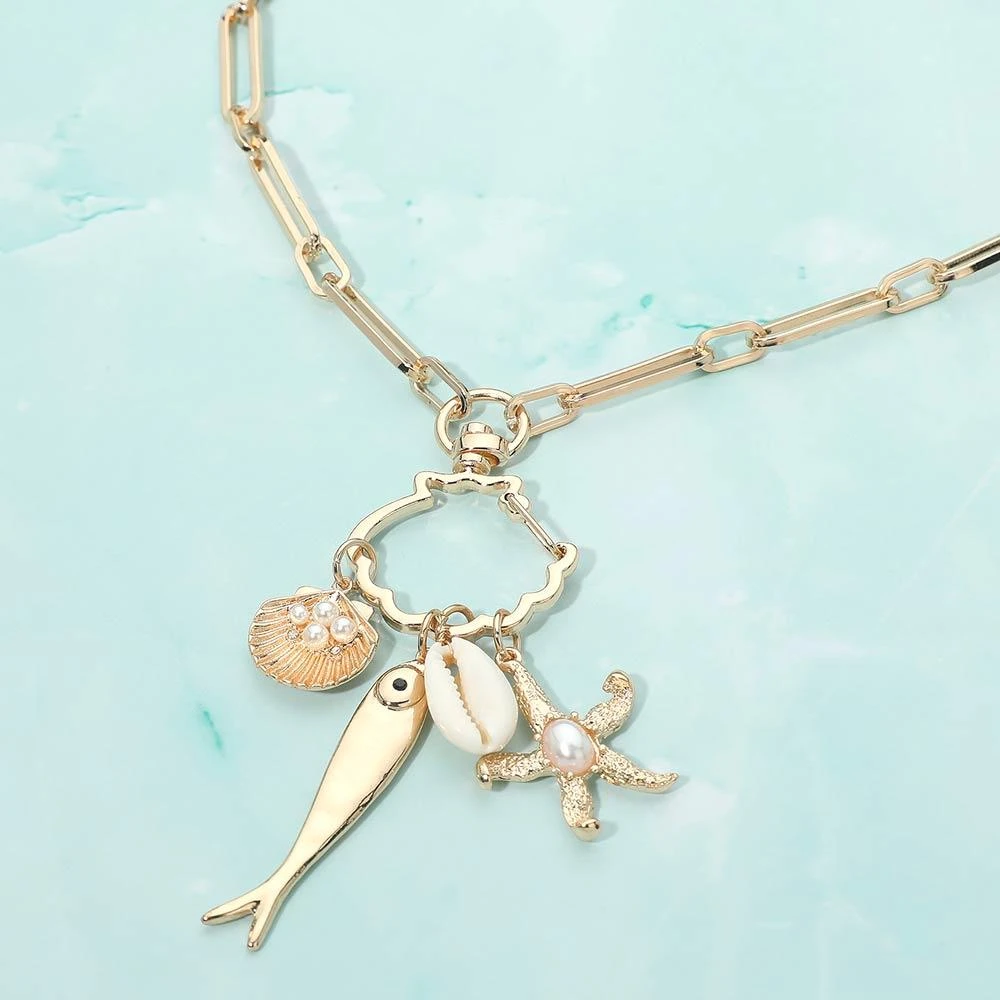 FASHNZFAB Pearl Accent Starfish Shell Fish Charm Link Necklace
